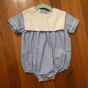 PETIT BEBE Light Blue Bubble White square collar & piping Baby Boy Romper 9M